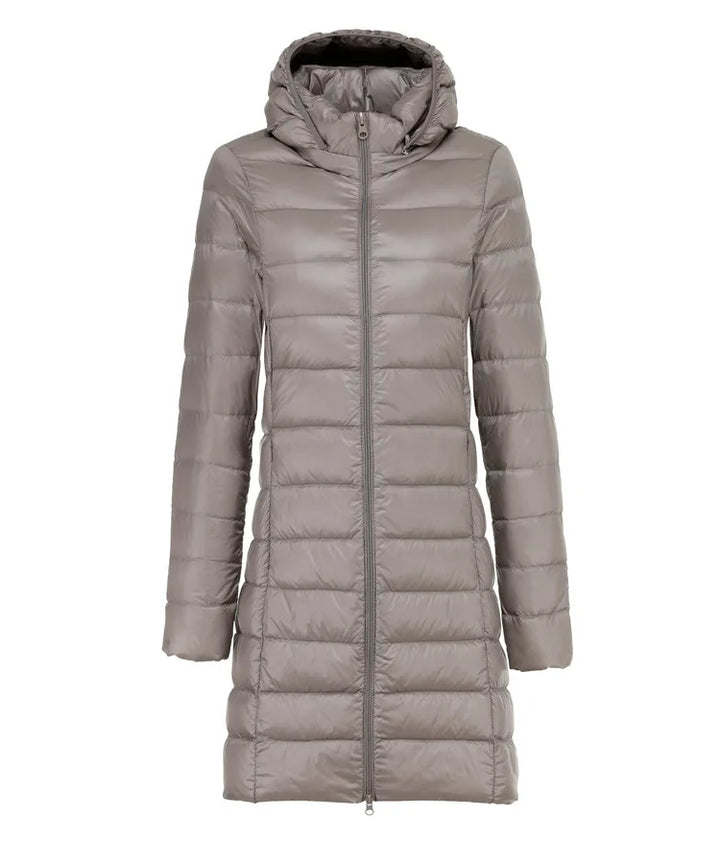Ultralight Long Down Puffer Coat with Removable Collar and Slim Fit - Marl &amp; Mere