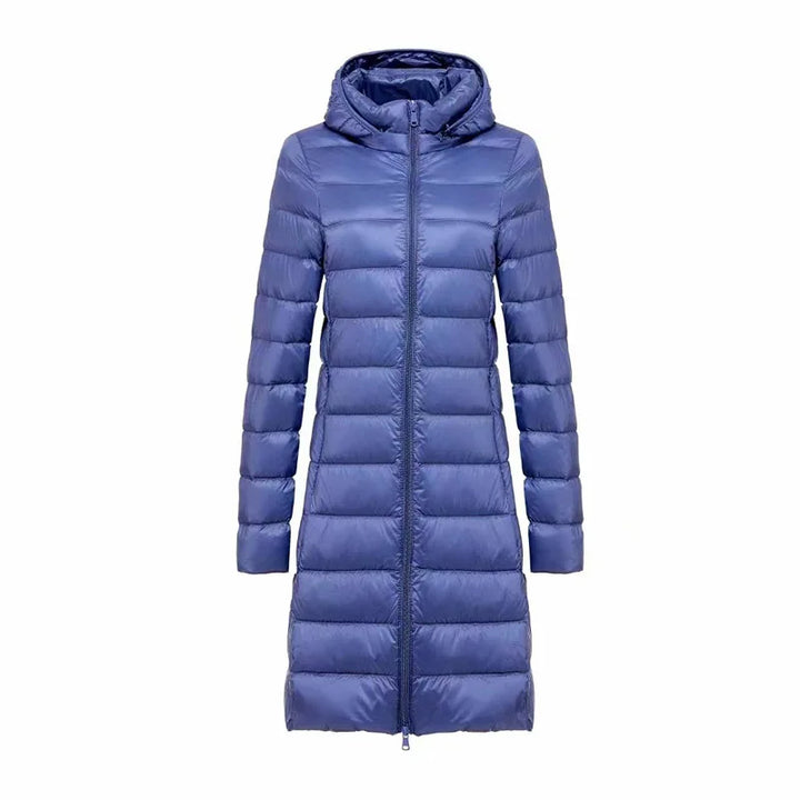 Ultralight Long Down Puffer Coat with Removable Collar and Slim Fit - Marl &amp; Mere
