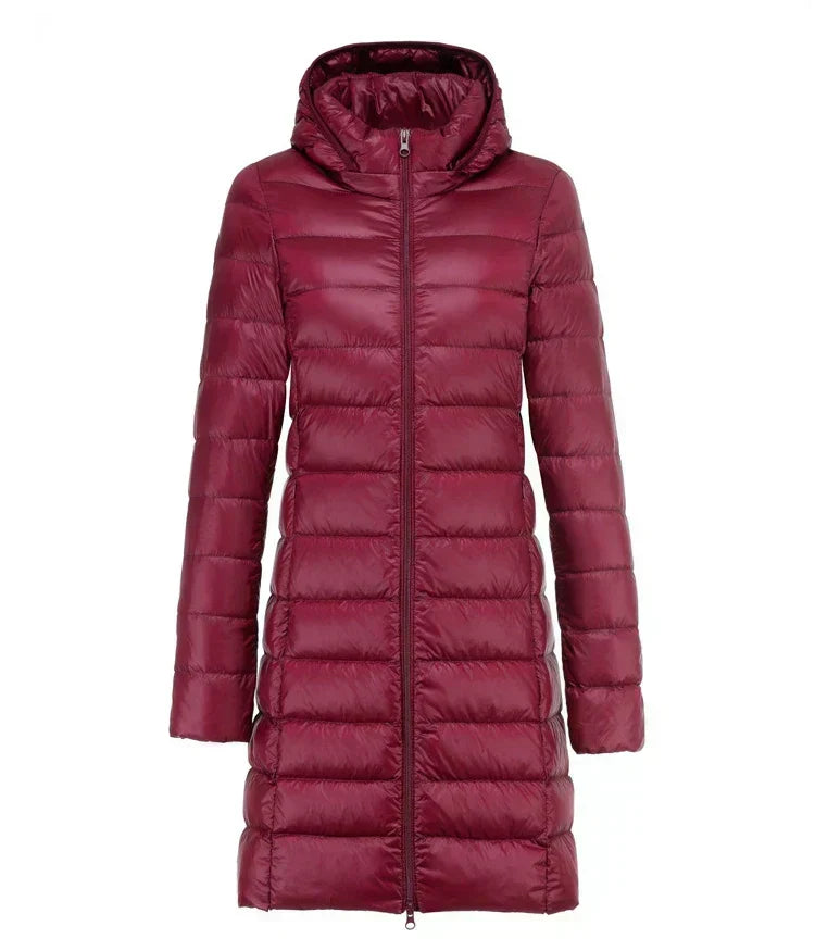Ultralight Long Down Puffer Coat with Removable Collar and Slim Fit - Marl & Mere