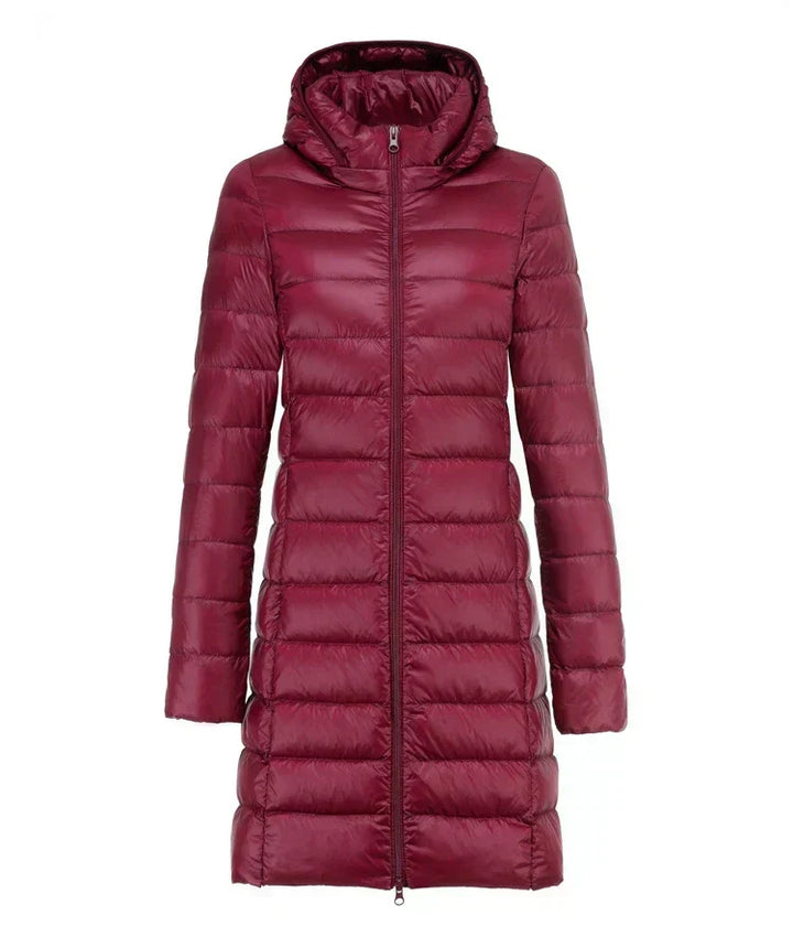 Ultralight Long Down Puffer Coat with Removable Collar and Slim Fit - Marl &amp; Mere