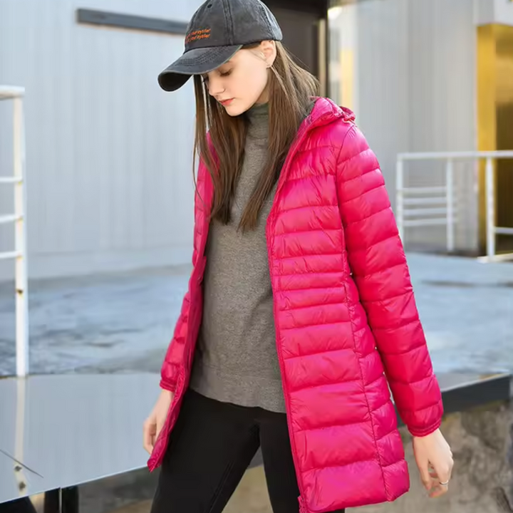 Ultralight Long Down Puffer Coat with Removable Collar and Slim Fit - Marl &amp; Mere