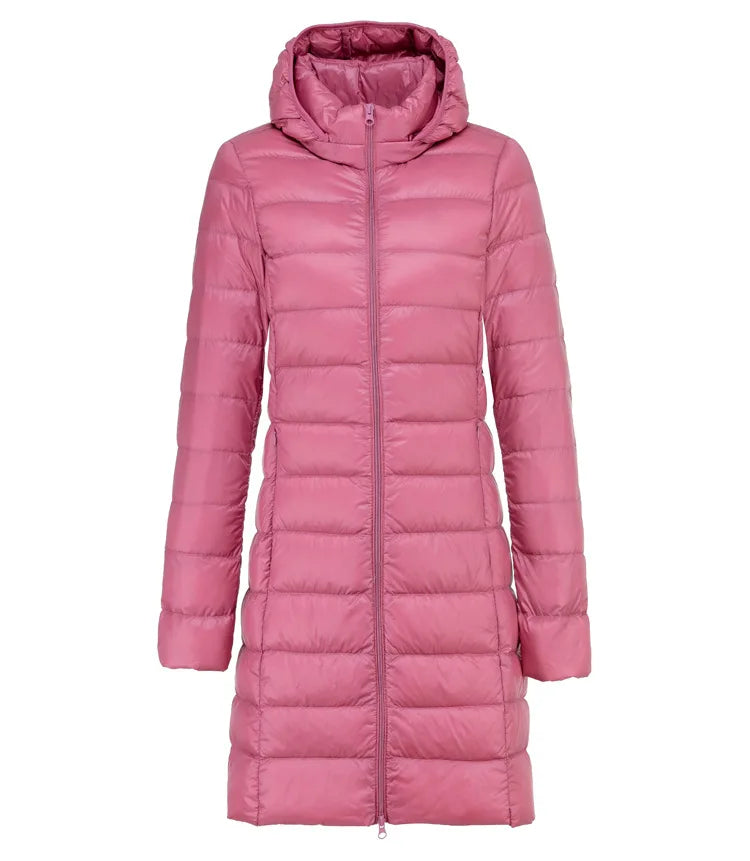 Ultralight Long Down Puffer Coat with Removable Collar and Slim Fit - Marl &amp; Mere
