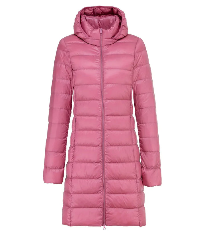 Ultralight Long Down Puffer Coat with Removable Collar and Slim Fit - Marl &amp; Mere