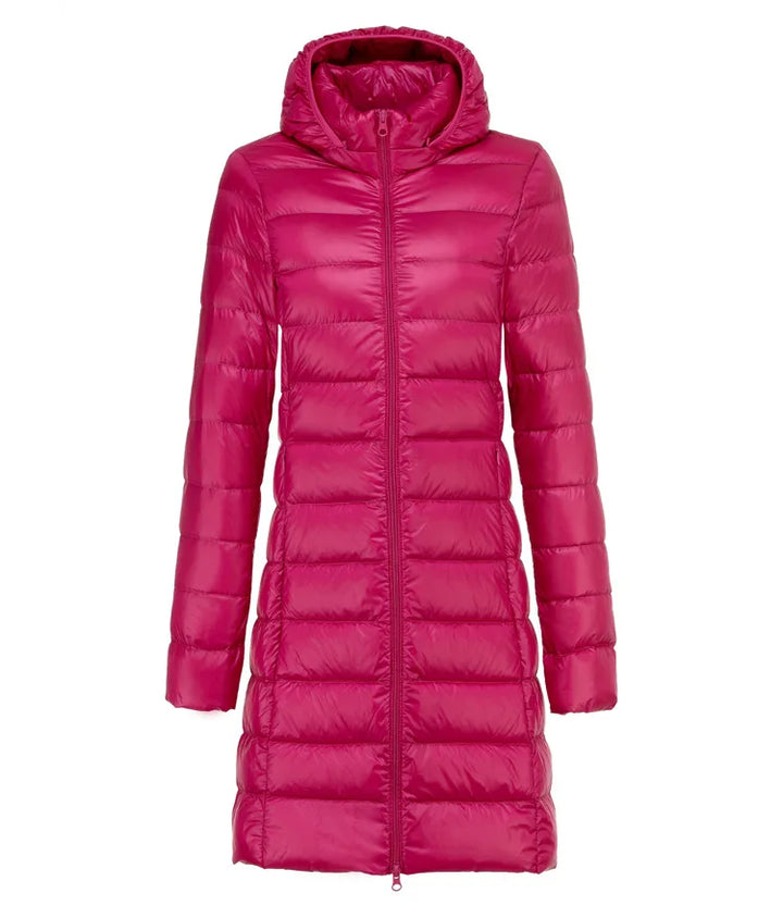 Ultralight Long Down Puffer Coat with Removable Collar and Slim Fit - Marl &amp; Mere