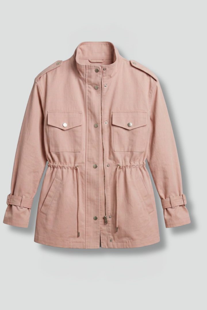 Utility Field Jacket with Stand Collar and Drawstring Waist