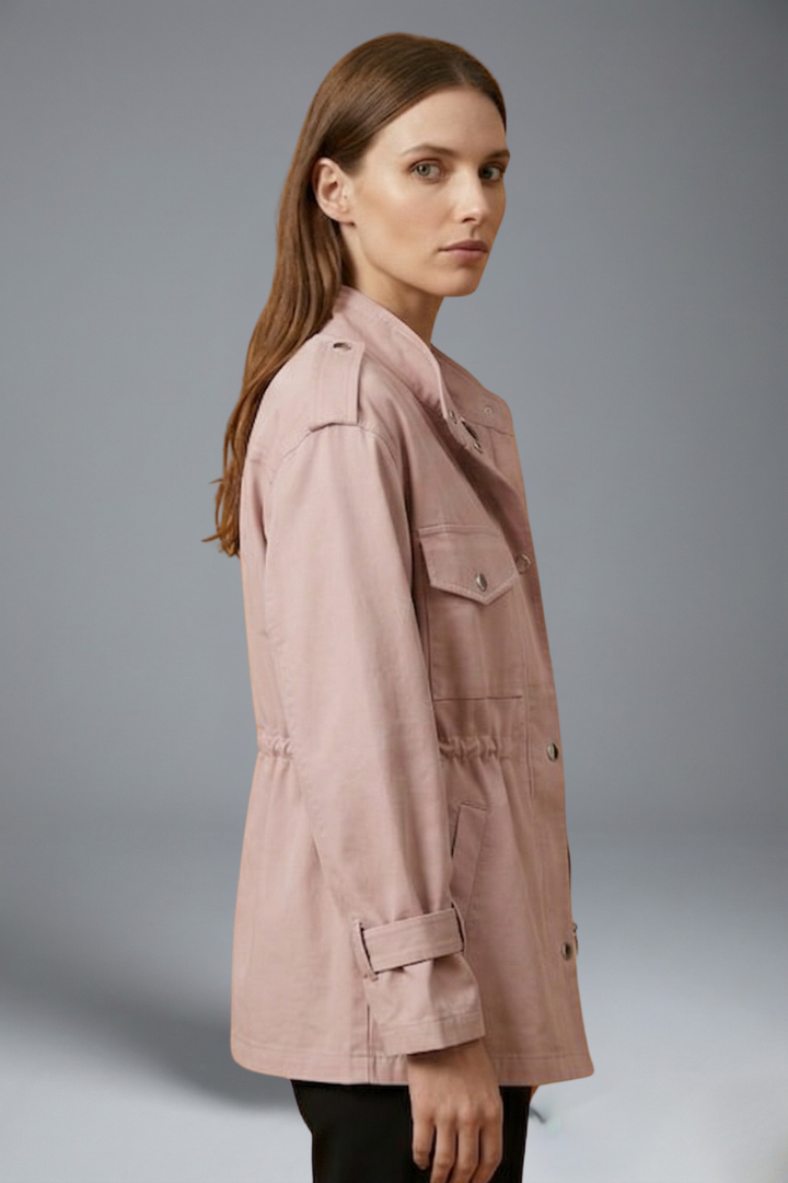 Utility Field Jacket with Stand Collar and Drawstring Waist