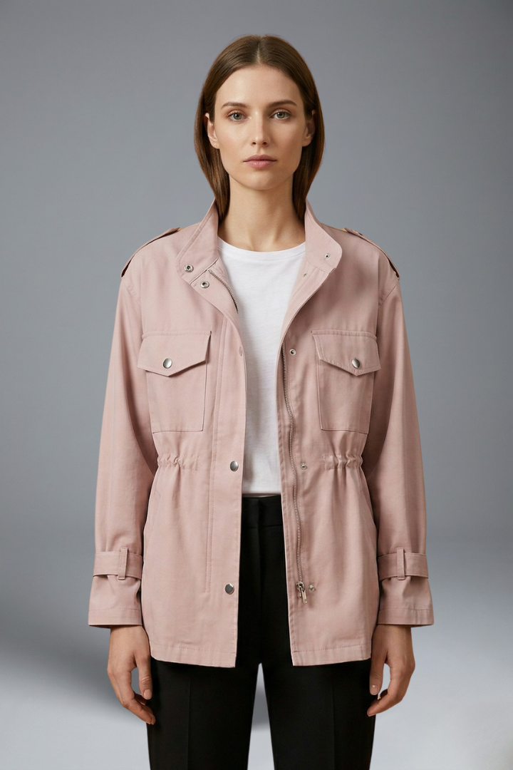 Utility Field Jacket with Stand Collar and Drawstring Waist