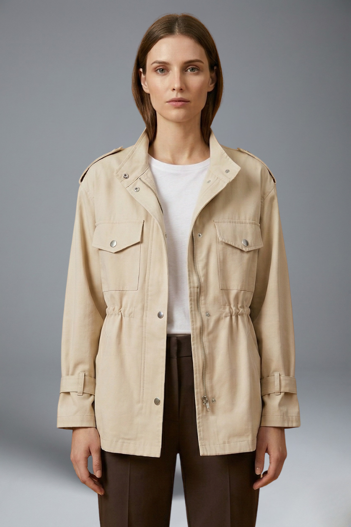 Utility Field Jacket with Stand Collar and Drawstring Waist