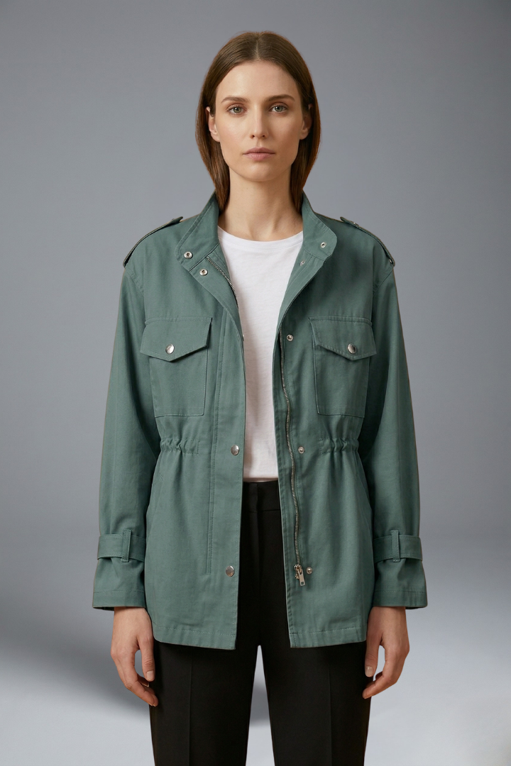 Utility Field Jacket with Stand Collar and Drawstring Waist