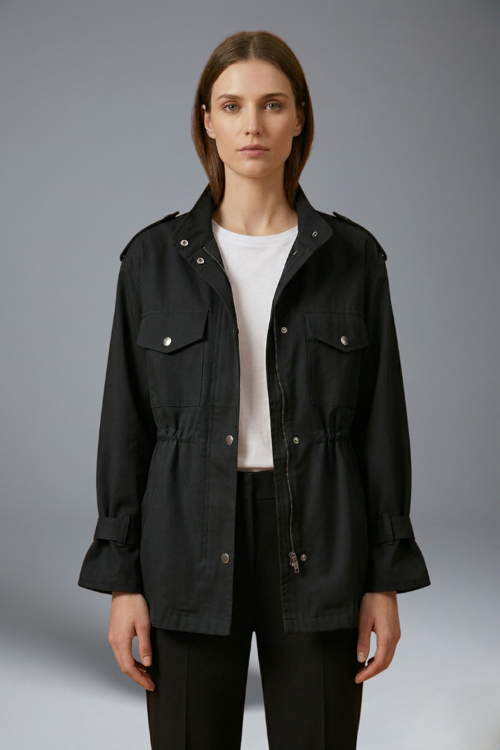 Utility Field Jacket with Stand Collar and Drawstring Waist