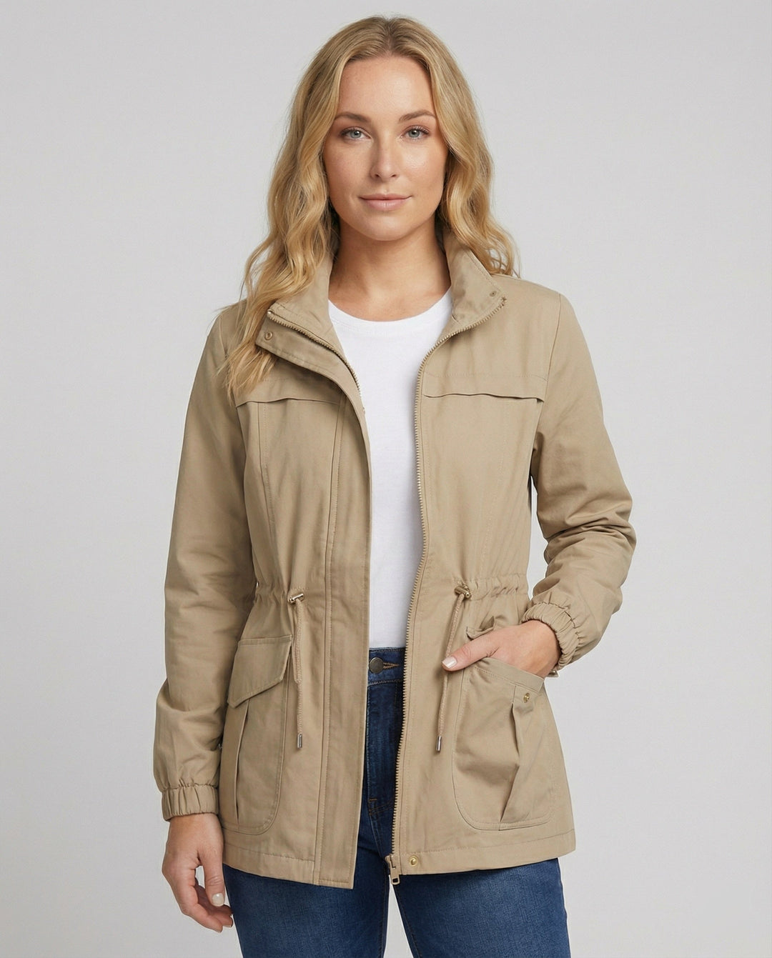Utility Jacket with Adjustable Drawstring Waist and Large Flap Pockets
