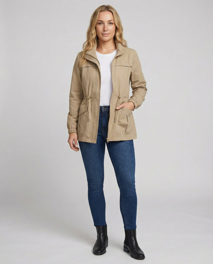 Utility Jacket with Adjustable Drawstring Waist and Large Flap Pockets