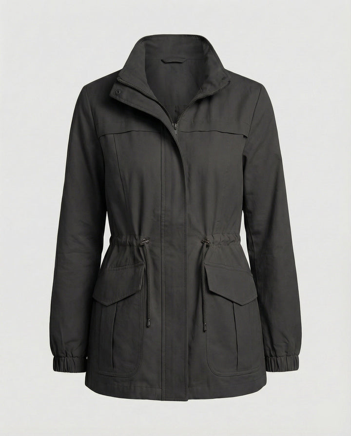 Utility Jacket with Adjustable Drawstring Waist and Large Flap Pockets
