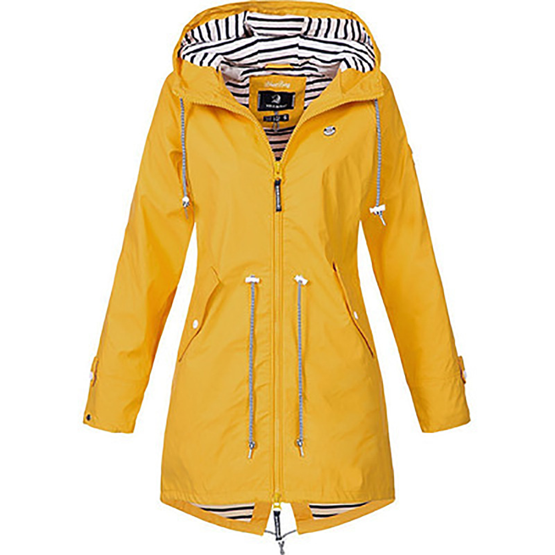 Waterproof Hooded Raincoat with Drawstring Waist and Striped Lining