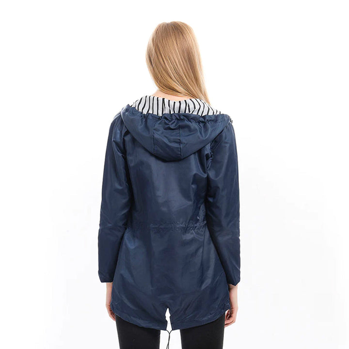 Waterproof Hooded Raincoat with Drawstring Waist and Striped Lining