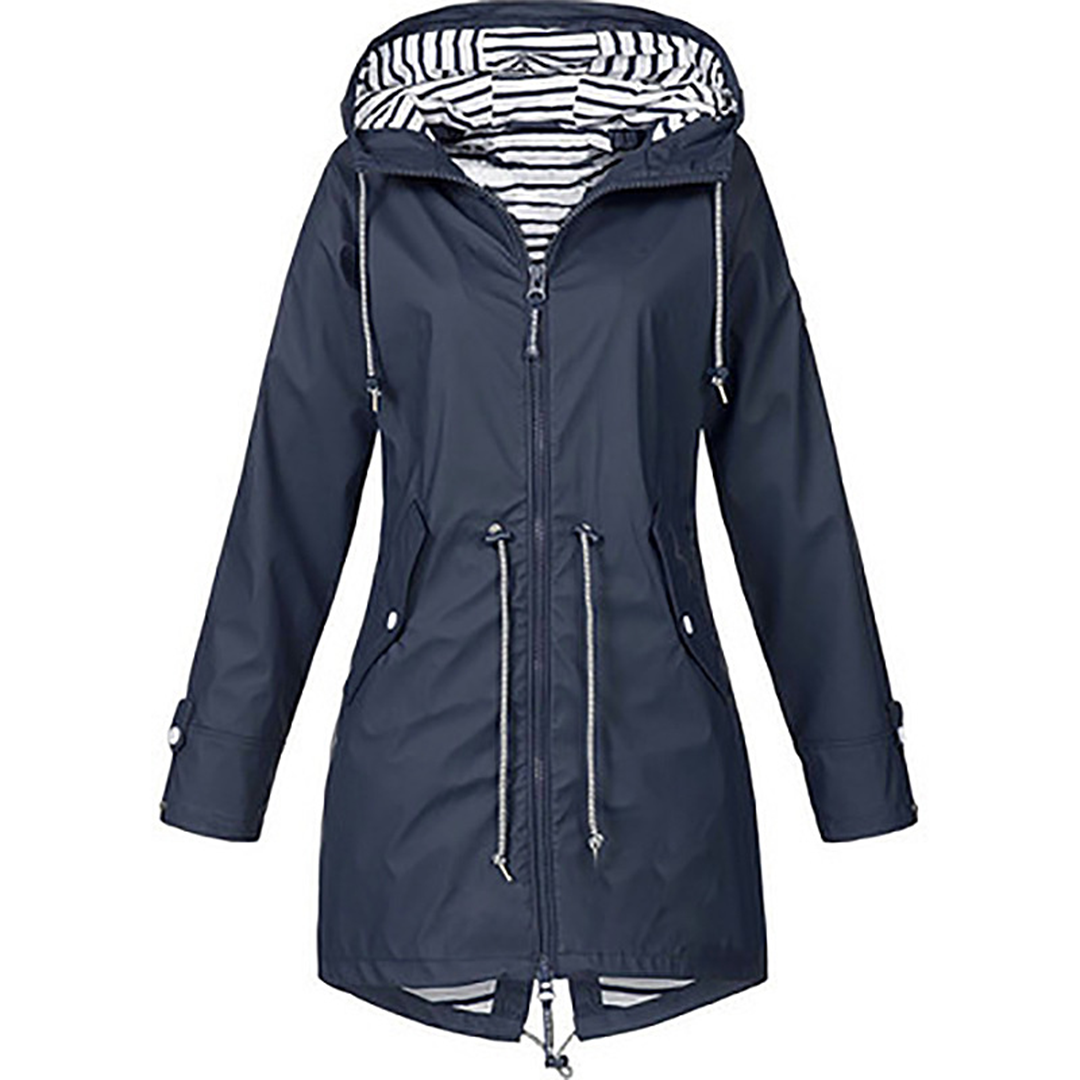 Waterproof Hooded Raincoat with Drawstring Waist and Striped Lining