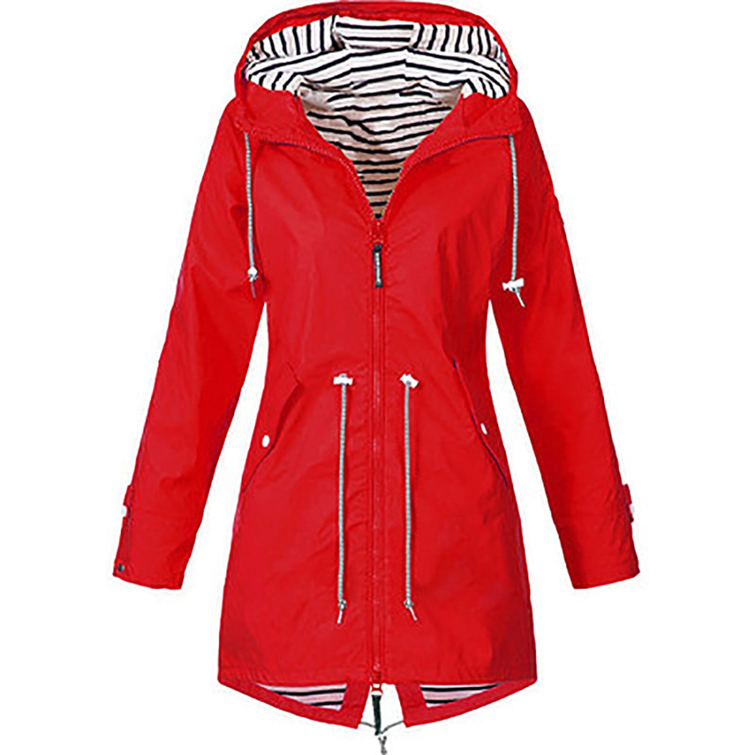 Waterproof Hooded Raincoat with Drawstring Waist and Striped Lining