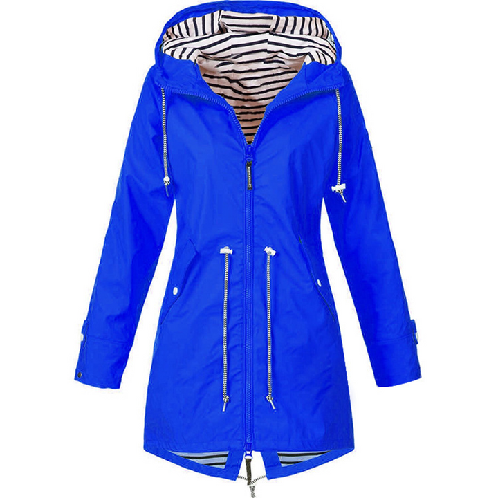 Waterproof Hooded Raincoat with Drawstring Waist and Striped Lining
