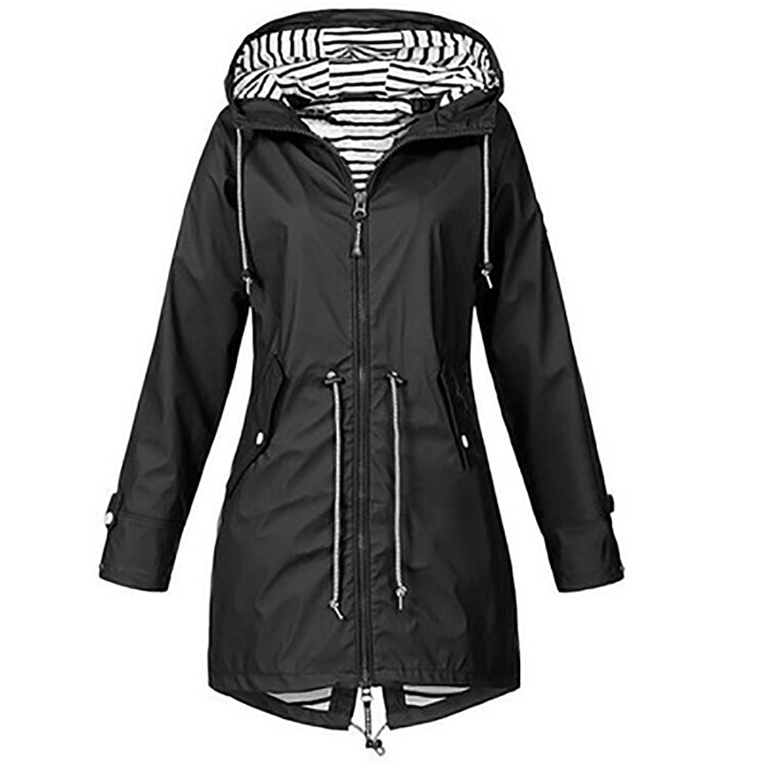 Waterproof Hooded Raincoat with Drawstring Waist and Striped Lining