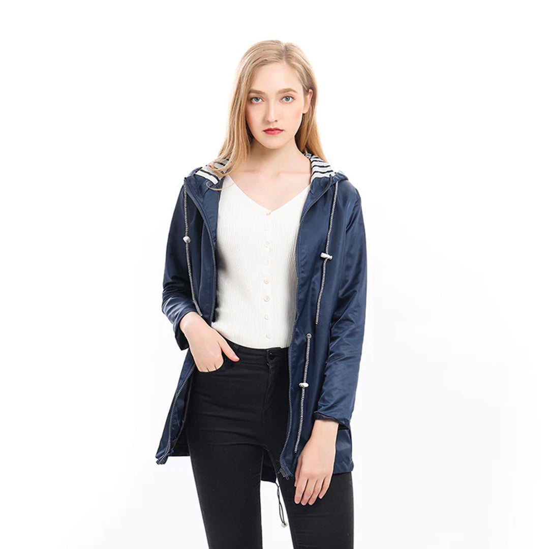 Waterproof Hooded Raincoat with Drawstring Waist and Striped Lining