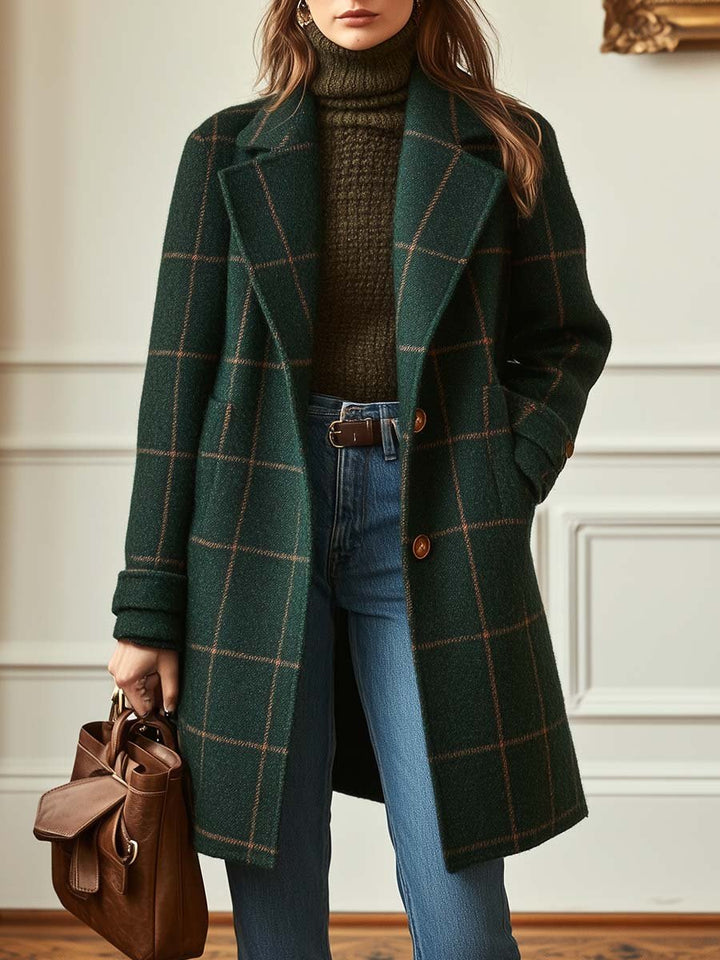 Windowpane Check Wool-Look Coat with Wide Collar and Relaxed Fit