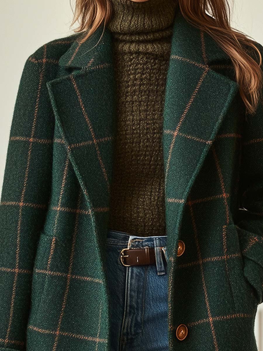 Windowpane Check Wool-Look Coat with Wide Collar and Relaxed Fit