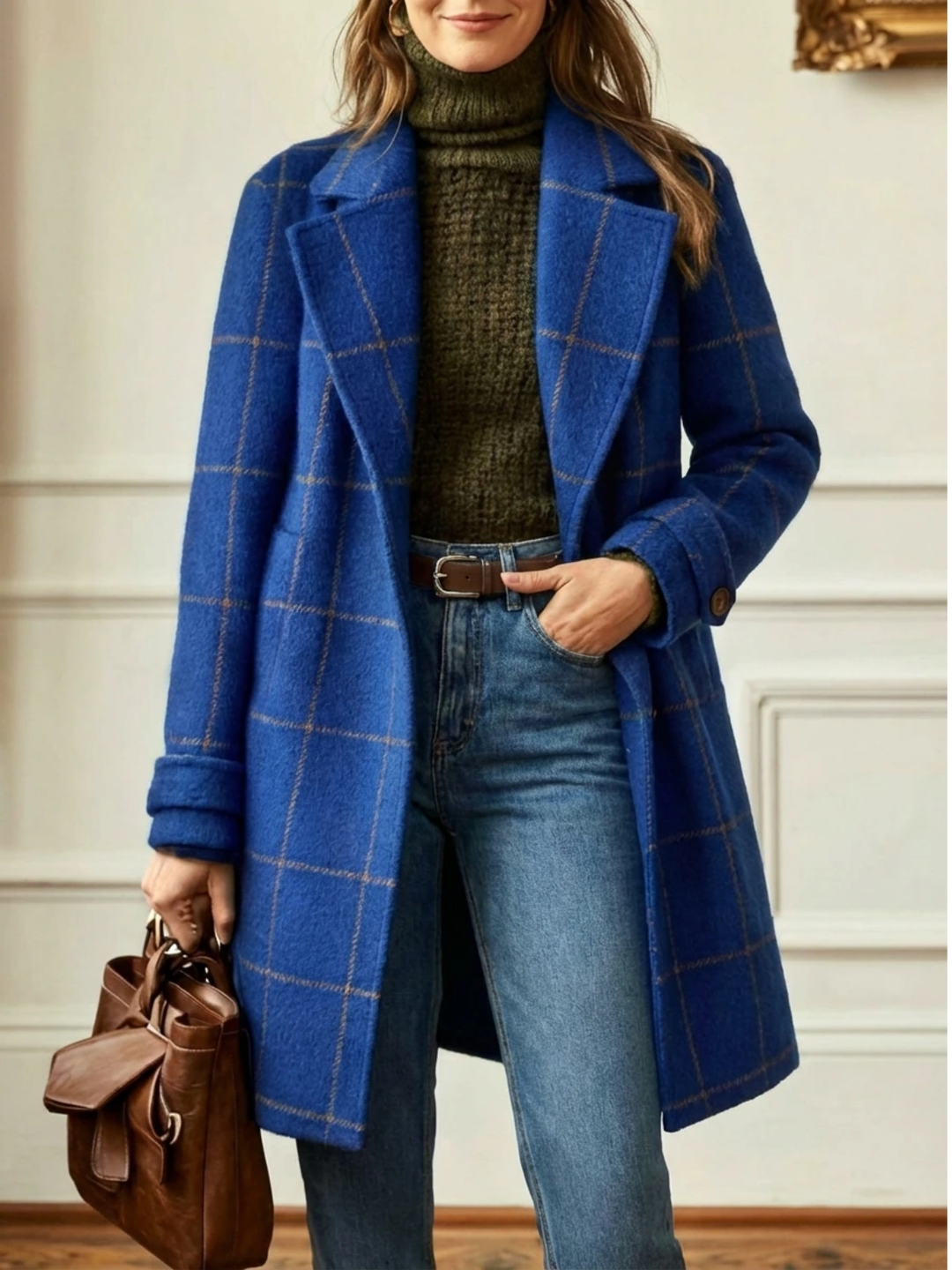 Windowpane Check Wool-Look Coat with Wide Collar and Relaxed Fit
