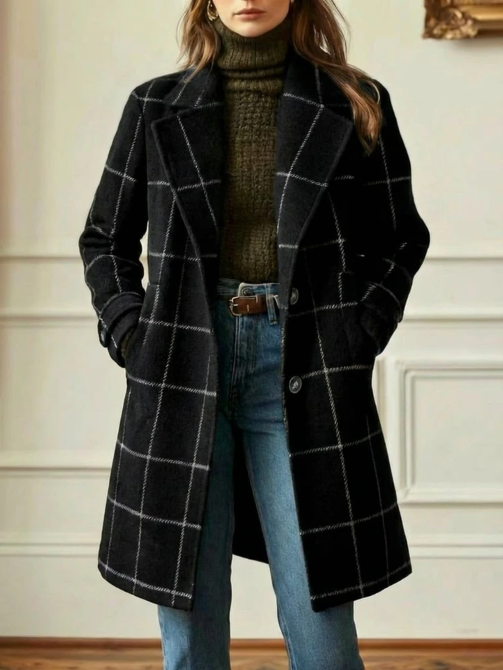 Windowpane Check Wool-Look Coat with Wide Collar and Relaxed Fit