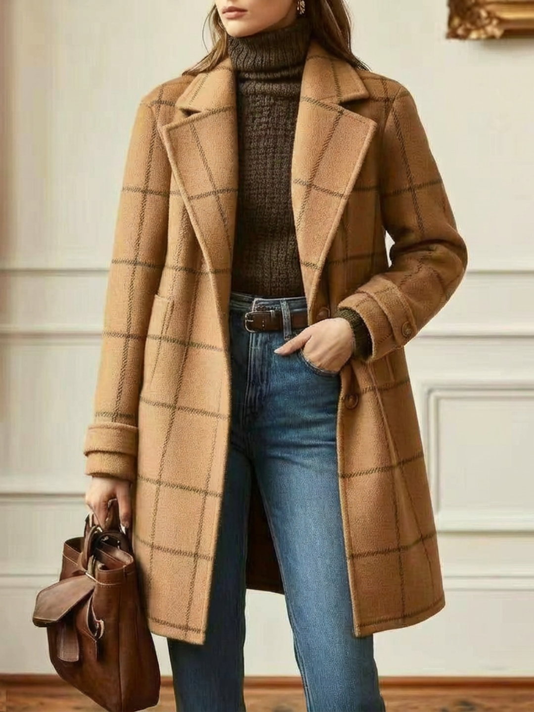 Windowpane Check Wool-Look Coat with Wide Collar and Relaxed Fit