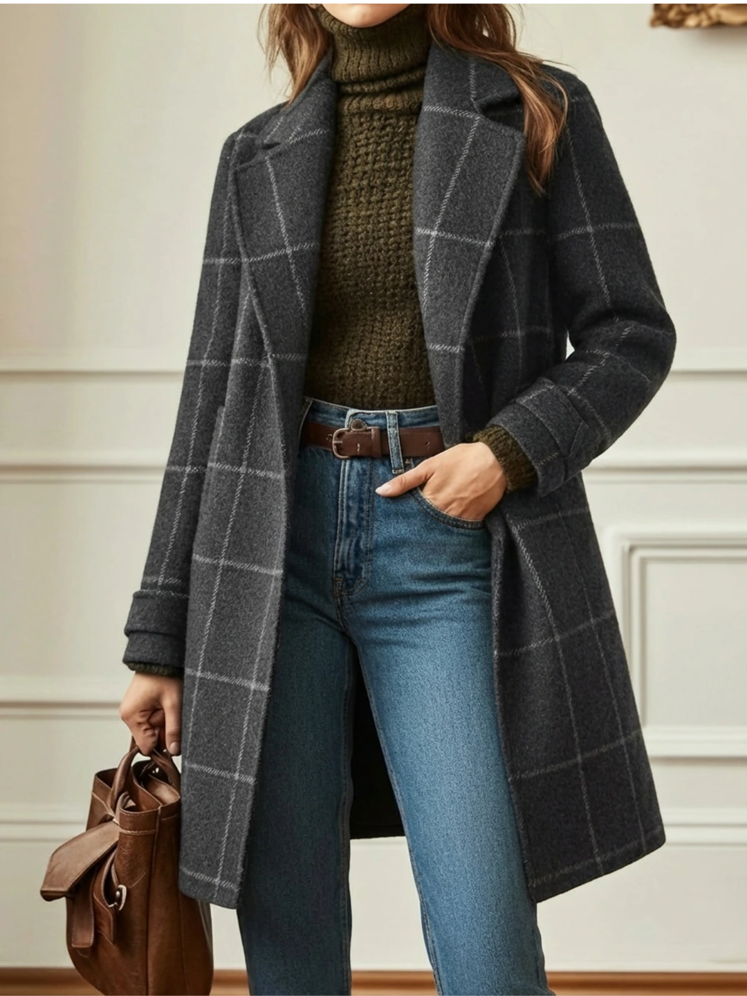 Windowpane Check Wool-Look Coat with Wide Collar and Relaxed Fit - Marl &amp; Mere