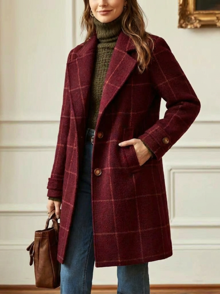 Windowpane Check Wool-Look Coat with Wide Collar and Relaxed Fit - Marl &amp; Mere