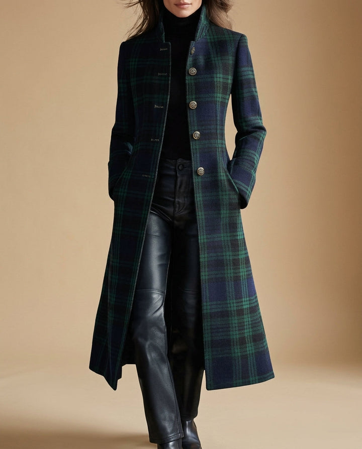 Wool-Blend Plaid Maxi Coat with Stand Collar and Gold Buttons