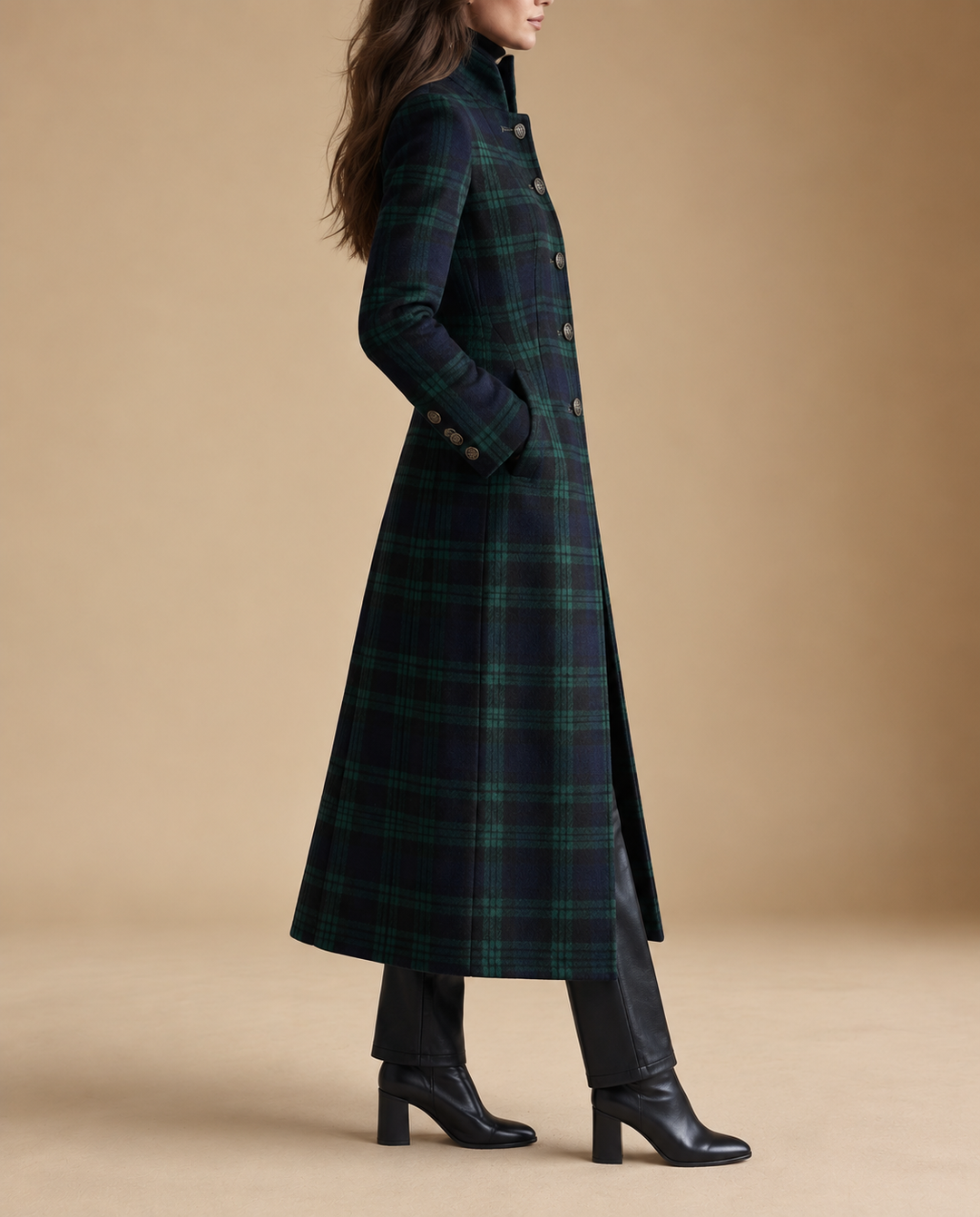 Wool-Blend Plaid Maxi Coat with Stand Collar and Gold Buttons - Marl &amp; Mere