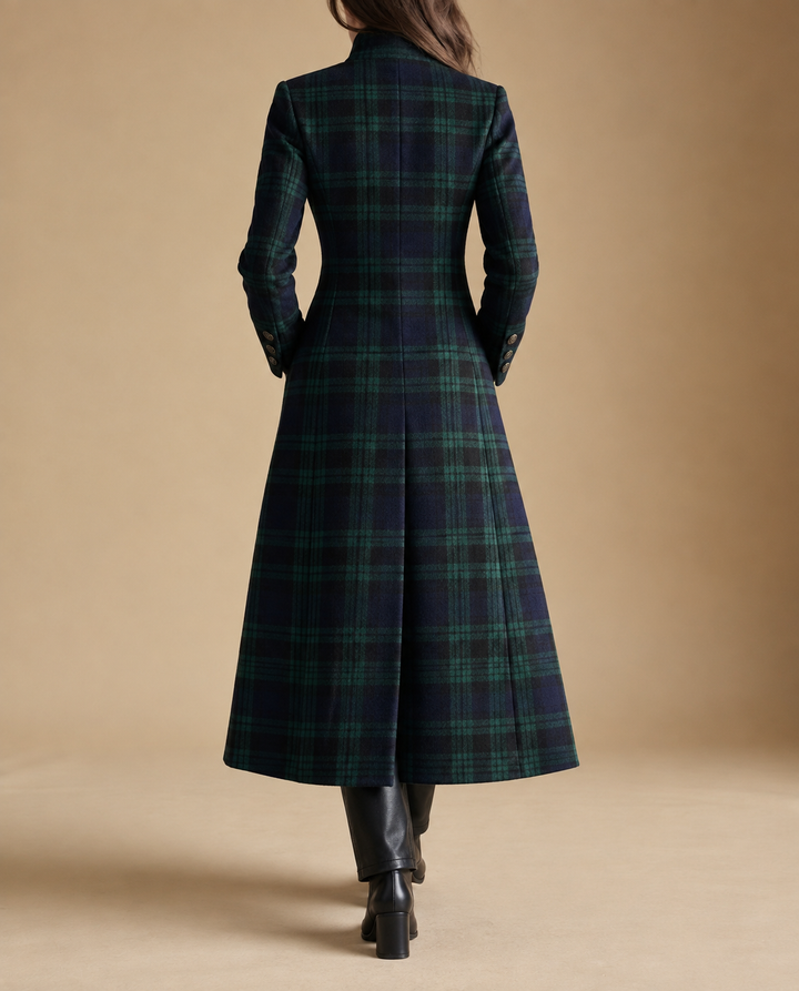 Wool-Blend Plaid Maxi Coat with Stand Collar and Gold Buttons - Marl &amp; Mere